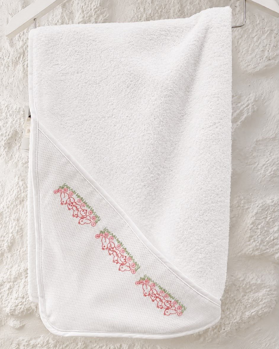 chafarica-guimaraes-portugal-texteis-bebe-toalha-capuz-recem-nascido-algodao-portugues-coleçao-pintainhos-rosa-fralda-babete-muda-fraldas-casa-banho-home-textil-baby-bordado-delicado- Pintainhos Rosa | Toalha de Banho c/ Capuz | Algodão - Image 1
