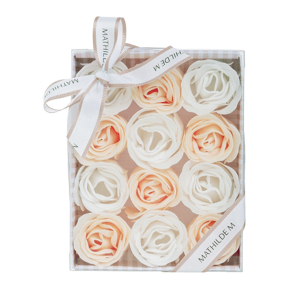 chafarica-guimaraes-portugal-norte-masthilde-m-sabonetes-sabao-rosas-petalas-aroma-maos-rosto-conjunto-set-of-12-roses-in-white-and-nude-soap-sheets-rose-scented Cofret 12 Rosas Sabão - Mathilde M - Image 1